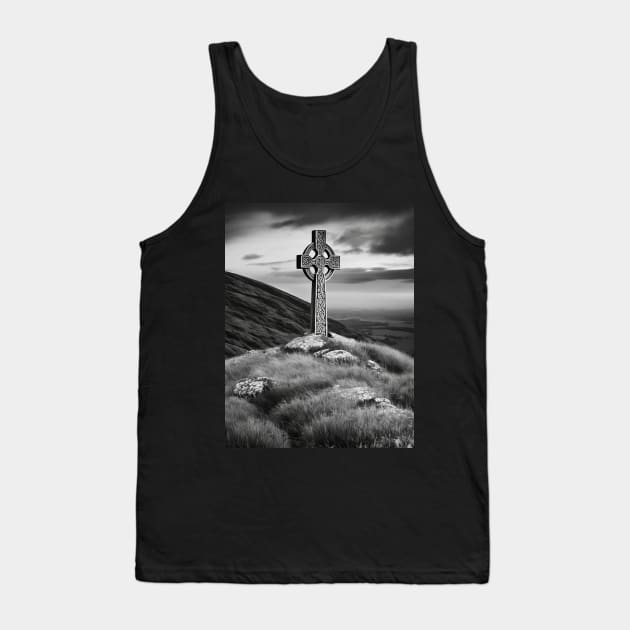 Tall Celtic Cross on the hills of Ireland on a cloudy day in black and white. Tank Top by DesignsbyZazz